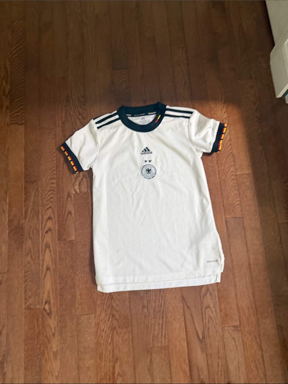 adidas White Kids Germany Soccer Jersey with Navy Trim and Flag Accents